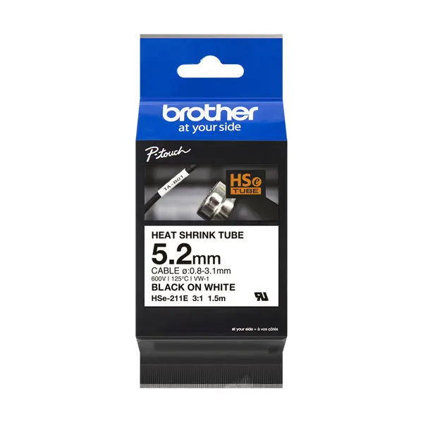 Brother HSe-211E 熱縮套管標籤帶 白底黑字 5.2mm