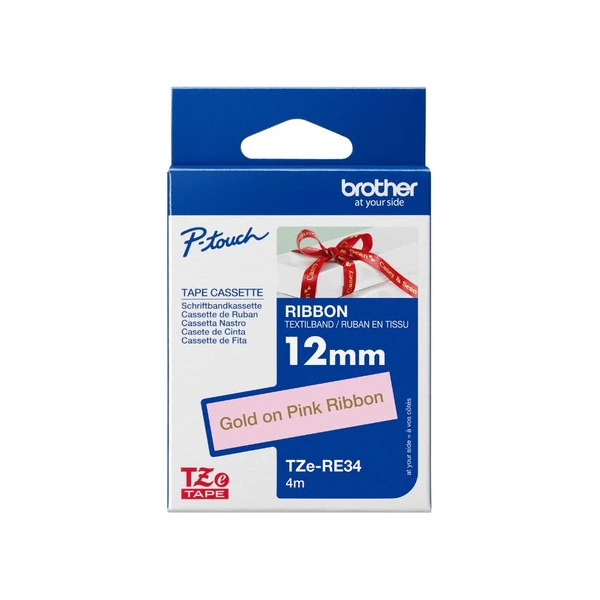 Brother TZe-RE34 緞帶標籤帶 粉底金字 12mm